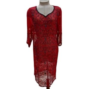 Red and Black Beaded Sheer Dress or Cover-up SZ M/L Women's